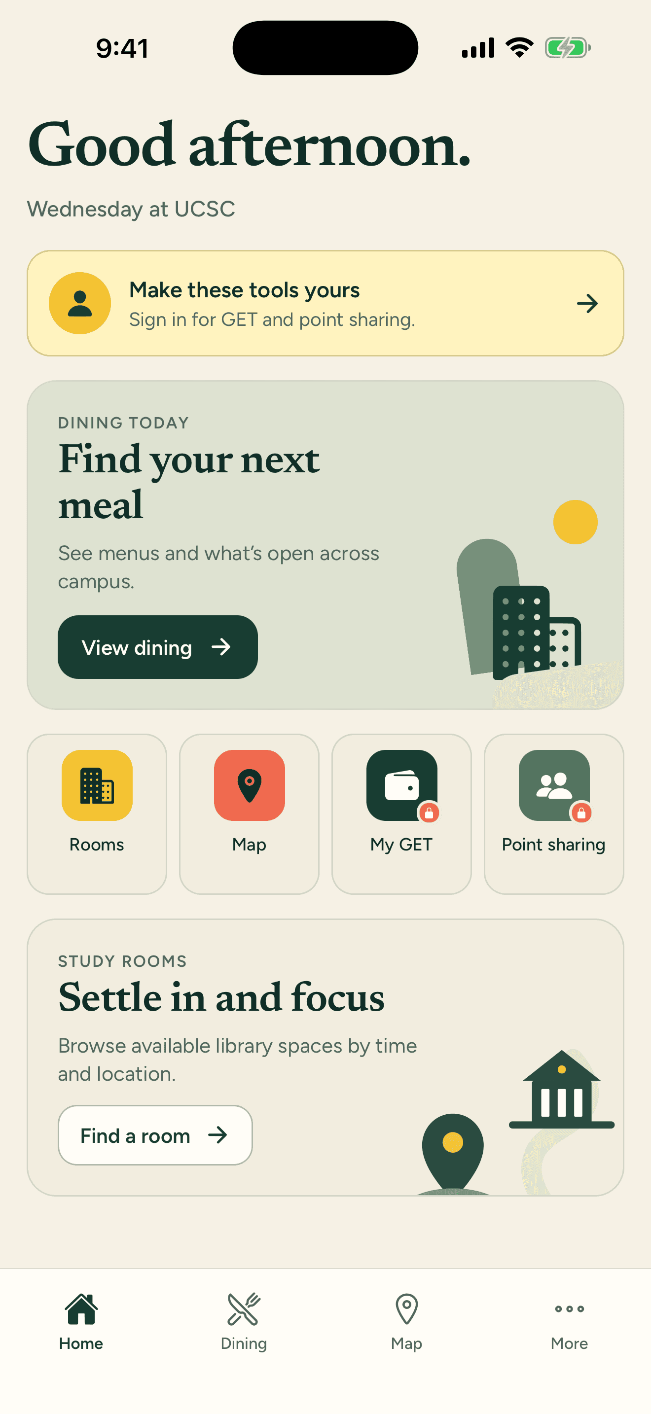 SlugSwap home screen with dining, rooms, map, My GET, and point sharing